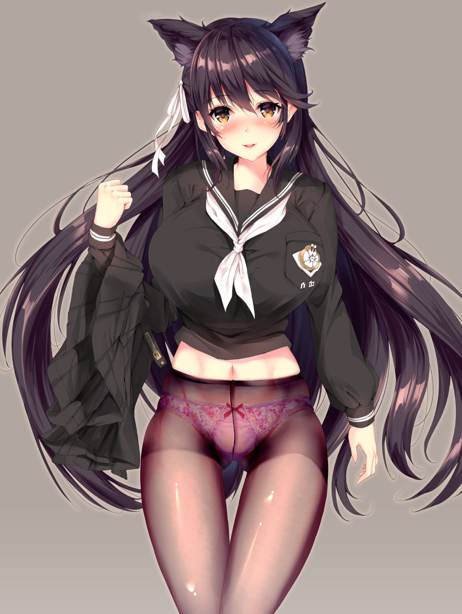 1girl alternate_costume animal_ears atago_(azur_lane) azur_lane bangs black_hair black_legwear black_serafuku black_skirt blush breasts brown_eyes crotch_seam extra_ears eyebrows_visible_through_hair fukuda_shuushi hair_ribbon highres large_breasts lingerie long_hair looking_at_viewer mole mole_under_eye neckerchief open_mouth panties panties_under_pantyhose pantyhose pleated_skirt ribbon school_uniform serafuku skindentation skirt skirt_removed smile solo swept_bangs thighs underwear uniform white_neckwear white_ribbon