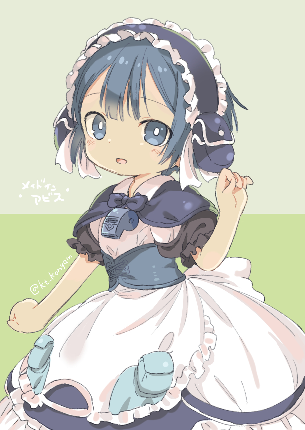 1boy :d blue_eyes blue_hair capelet commentary_request copyright_name green_background hairband highres konayama_kata made_in_abyss maid maid_headdress maruruk open_mouth signature smile solo trap twitter_username underbust whistle