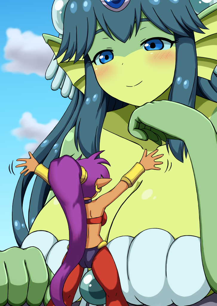 2girls absurdly_long_hair bare_shoulders blue_eyes blue_hair blush breasts cleavage closed_mouth dark_skin giantess giga_mermaid green_skin johnny_(seek_as_1990sp) large_breasts long_hair looking_at_another multiple_girls pointy_ears ponytail purple_hair shantae:_half-genie_hero shantae_(character) shantae_(series) size_difference smile very_long_hair