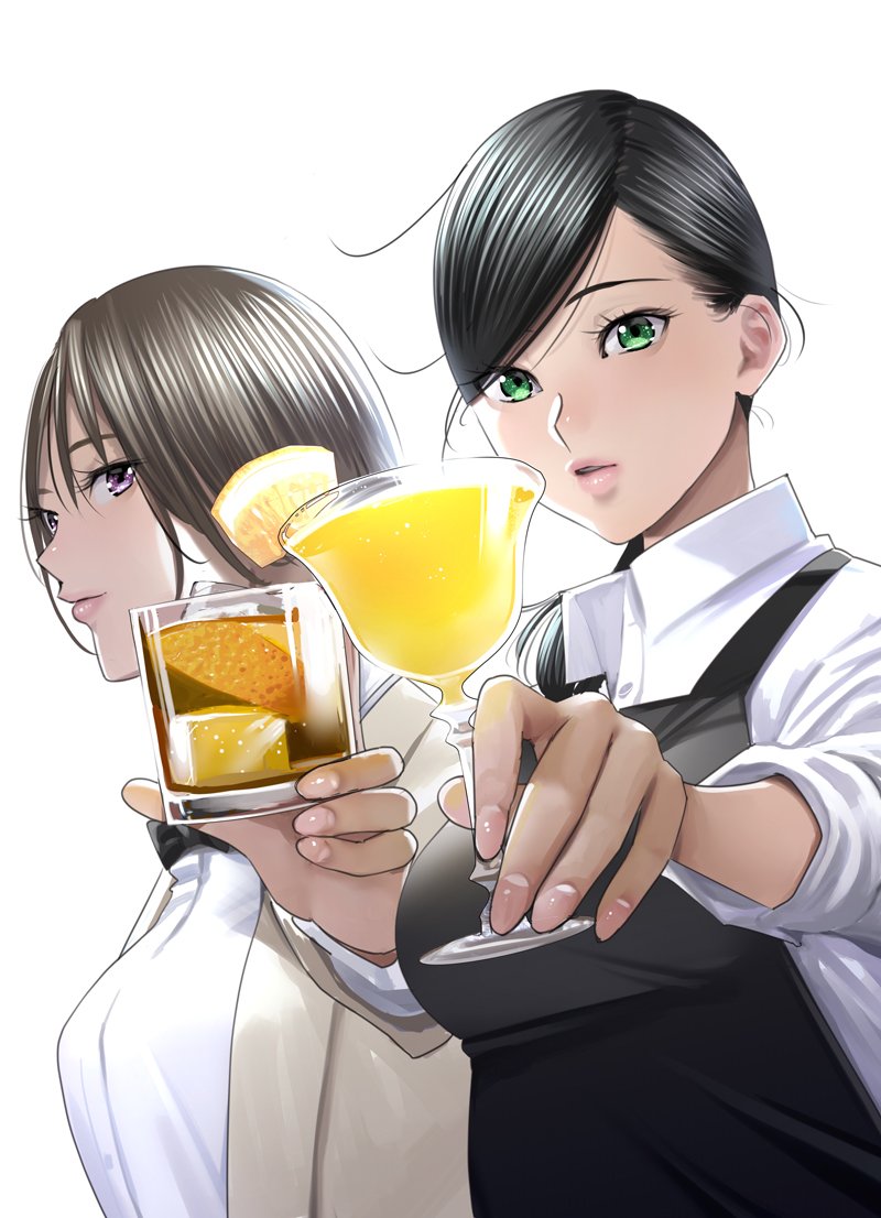 2girls alcohol apron bangs beige_jacket black_bow black_hair bow brown_hair collared_shirt commentary_request cup drink drinking_glass facing_viewer green_eyes holding holding_drink holding_drinking_glass multiple_girls nail nail_polish original outstretched_arms pao_(otomogohan) parted_lips pink_eyes pink_lips shirt swept_bangs white_shirt