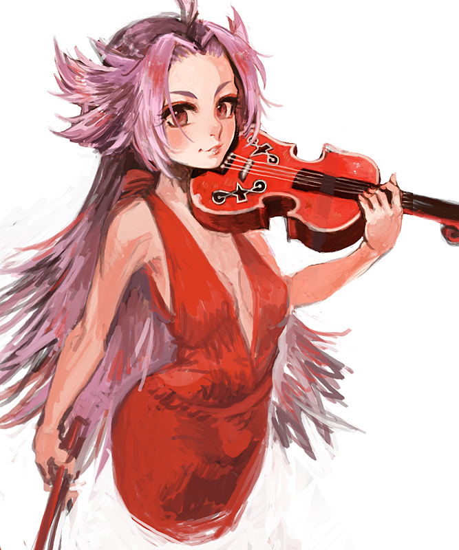 1girl bangs bare_arms breasts breasts_apart cowboy_shot dress fujinozu grin halter_dress halterneck holding holding_instrument instrument jun'you_(kantai_collection) kantai_collection messy_hair no_bra pink_hair plunging_neckline purple_hair red_dress red_eyes simple_background smile solo spiky_hair violin white_background