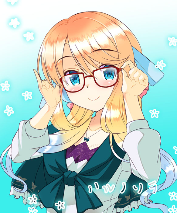 1girl adjusting_eyewear bangs blonde_hair blush eyebrows_visible_through_hair frills fumitsuki_kyou glasses hair_ornament haruno_sora jewelry long_hair long_sleeves looking_at_viewer necklace red-framed_eyewear smile solo swept_bangs upper_body vocaloid voiceroid