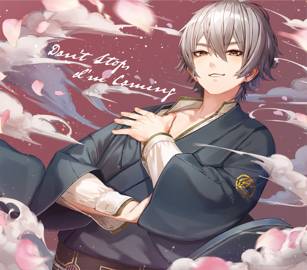 1boy bangs black_kimono brown_eyes brown_sky cherry_blossoms clouds cloudy_sky commentary_request dutch_angle english_text eyebrows_visible_through_hair falling_petals fingernails from_below grey_hair grin hair_between_eyes hakura_kusa head_tilt japanese_clothes kimono long_sleeves looking_at_viewer looking_down male_focus motion_blur obi original petals sash shirt sky smile solo standing upper_body white_shirt