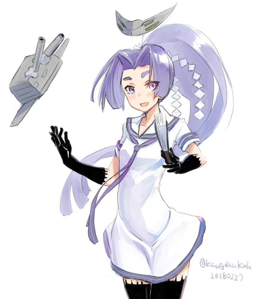 1girl black_gloves black_legwear dated dress eyebrows gloves hatsuharu_(kantai_collection) headgear hikimayu kangoku_kou kantai_collection long_hair looking_at_viewer machinery ponytail purple_hair sailor_dress shide simple_background solo standing thigh-highs twitter_username violet_eyes white_background