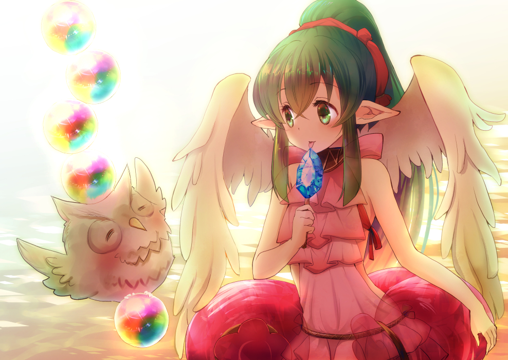 1girl angel_wings bare_shoulders chiki feh_(fire_emblem_heroes) fire_emblem fire_emblem:_mystery_of_the_emblem fire_emblem_heroes food green_eyes green_hair hair_ribbon licking long_hair mamkute oka_(umanihiki) orb pink_swimsuit pointy_ears ponytail popsicle red_ribbon ribbon swimsuit tongue tongue_out wings