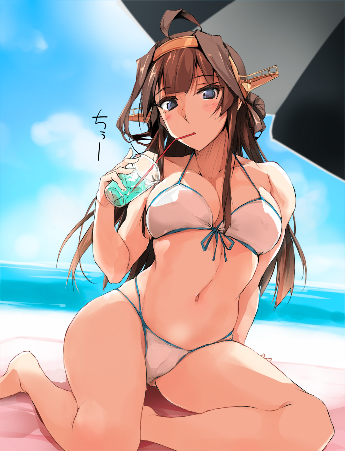 1girl ahoge alternate_costume arm_support beach beach_towel beach_umbrella bikini blue_eyes blue_sky breasts brown_hair cleavage closed_mouth clouds collarbone cup day disposable_cup double_bun drinking drinking_straw front-tie_bikini front-tie_top headgear kantai_collection kongou_(kantai_collection) large_breasts long_hair looking_at_viewer multi-strapped_bikini navel ocean outdoors sand shadow sidelocks sitting skindentation sky solo swimsuit thighs towel umbrella white_bikini zekkyon