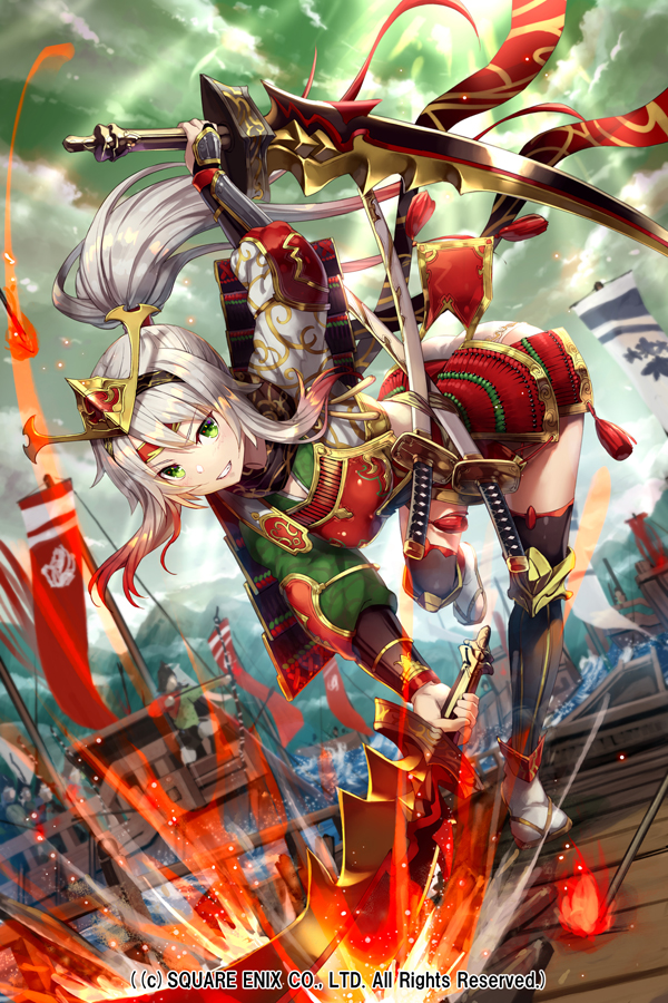 1girl armor arrow bad_anatomy battle_standard black_legwear boat clouds dual_wielding flag flaming_arrow gabiran green_eyes green_sky hair_ornament holding japanese_armor official_art outdoors ponytail sandals sengoku_yaraideka silver_hair slashing solo standing standing_on_one_leg sword tassel thigh-highs watercraft weapon