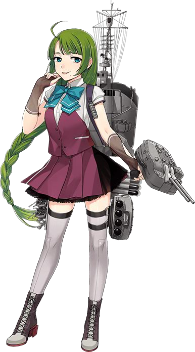 1girl ahoge boots bow bowtie braid cross-laced_footwear dress fujikawa green_hair grey_legwear halterneck kantai_collection lace-up_boots long_hair machinery mole mole_under_mouth official_art purple_legwear remodel_(kantai_collection) school_uniform shirt short_sleeves single_braid thigh-highs torpedo torpedo_tubes very_long_hair white_shirt yuugumo_(kantai_collection)