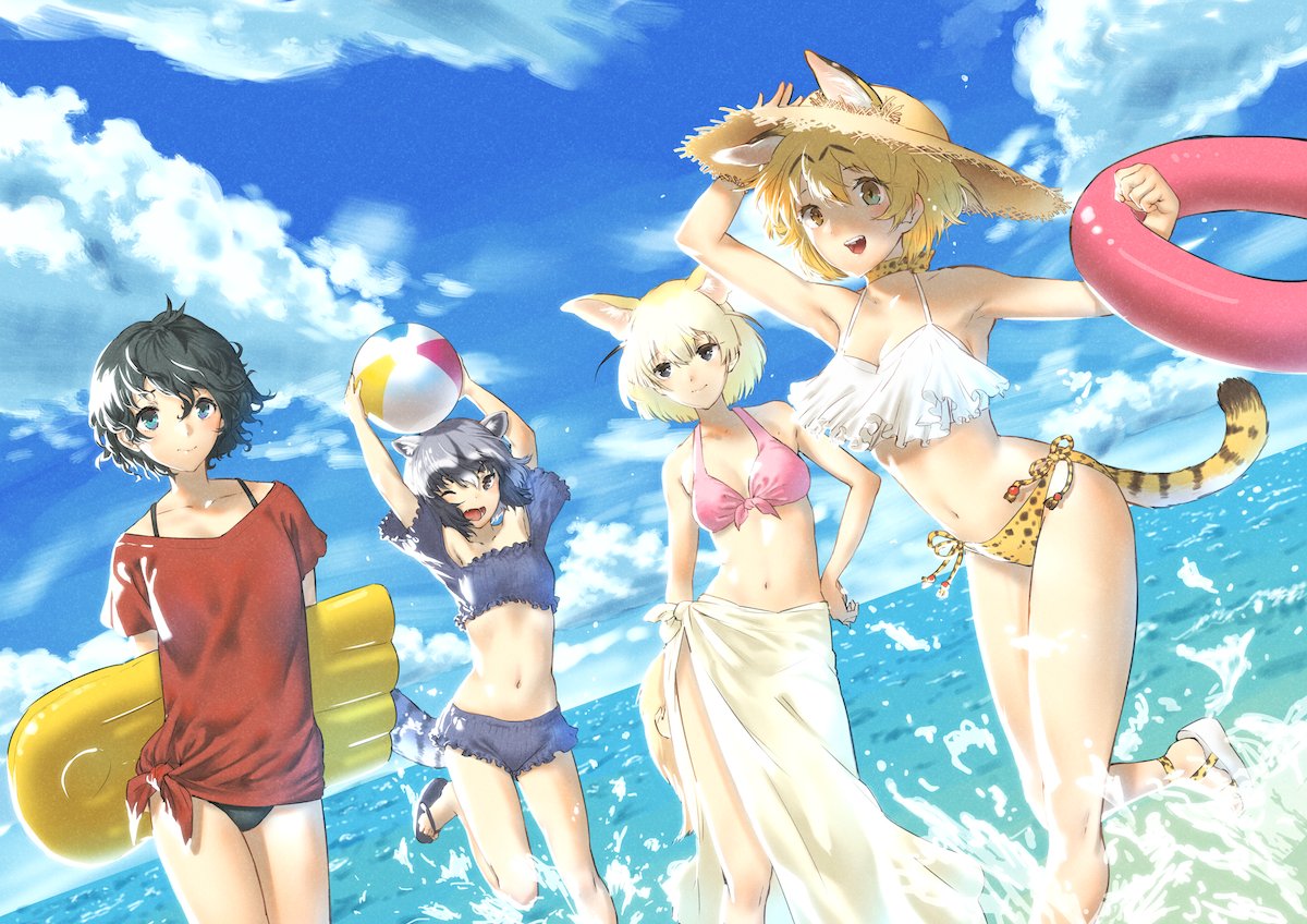 4girls :d adapted_costume animal_ears arm_at_side arm_up armpits arms_behind_back arms_up ball bare_arms bare_legs bare_shoulders barefoot_sandals beachball bikini bikini_under_clothes black_bikini black_hair blonde_hair blue_eyes blue_sky choker closed_mouth clouds cloudy_sky collarbone common_raccoon_(kemono_friends) crop_top day dutch_angle ears_through_headwear extra_ears fennec_(kemono_friends) floating_hair fox_ears fox_tail frilled_bikini frills front-tie_bikini front-tie_top grey_hair hand_on_headwear hand_on_hip hand_up hat hips holding holding_ball innertube kaban_(kemono_friends) kemokemokouhou kemono_friends kickboard looking_at_another looking_at_viewer midriff multicolored_hair multiple_girls navel ocean off-shoulder_shirt one_eye_closed open_mouth outdoors pink_bikini print_bikini_bottom raccoon_ears raccoon_tail red_shirt running sandals serval_(kemono_friends) serval_ears serval_print serval_tail shirt short_hair short_sleeves shorts side-tie_bikini side-tie_bottom sky smile splashing standing stomach straw_hat striped_tail swimsuit tail toes wading water wavy_hair white_bikini_top white_hair