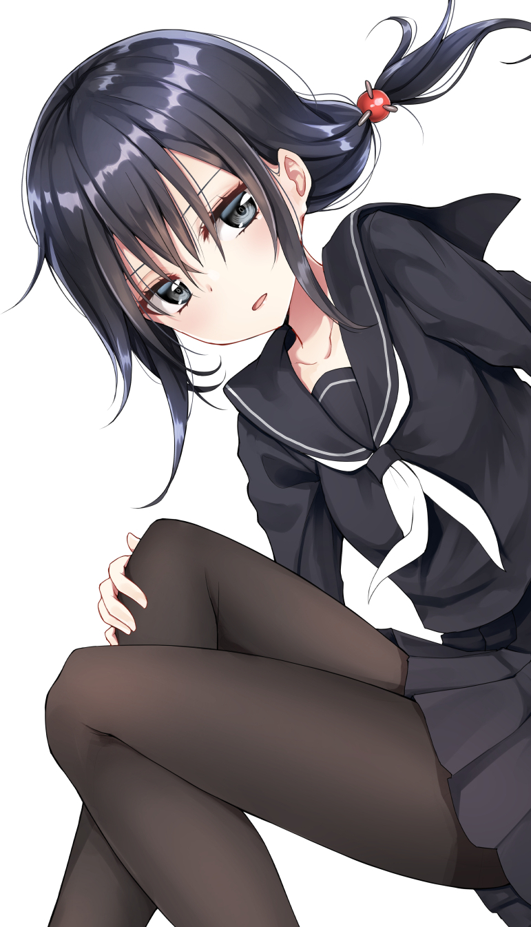 1girl bangs black_hair black_legwear black_sailor_collar black_serafuku black_shirt black_skirt collarbone commentary_request grey_eyes hair_between_eyes hair_ornament hand_on_own_leg highres long_hair long_sleeves looking_at_viewer low_ponytail original pantyhose parted_lips piripun pleated_skirt sailor_collar school_uniform serafuku shirt simple_background skirt solo white_background