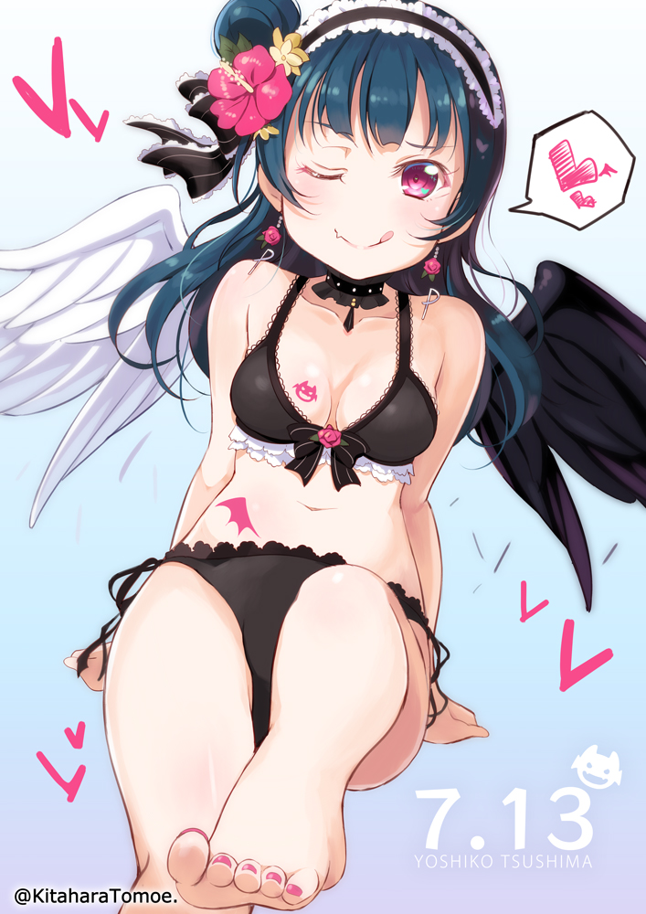 1girl ;q asymmetrical_wings bangs barefoot bikini black_bikini black_choker black_wings breast_tattoo breasts character_name choker cleavage commentary_request dated earrings feet flower flower_earrings foreshortening hair_flower hair_ornament hairband heart jewelry kitahara_tomoe_(kitahara_koubou) lolita_hairband long_hair love_live! love_live!_sunshine!! midriff navel one_eye_closed pink_flower pov_feet side-tie_bikini side_bun sitting small_breasts solo spoken_heart stomach_tattoo swimsuit tattoo toenail_polish tongue tongue_out tsushima_yoshiko twitter_username violet_eyes wavy_mouth white_wings wing_tattoo wings yellow_flower