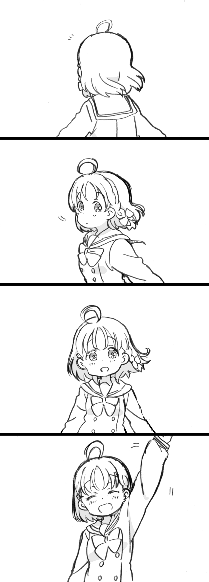 /\/\/\ 1girl 4koma :d ^_^ ahoge arm_up arms_at_sides braid closed_eyes comic dot_nose expressionless facing_away facing_viewer from_side greyscale hair_ornament hair_ribbon happy highres long_sleeves looking_at_viewer love_live! love_live!_sunshine!! mezashi_(mezamashi_set) monochrome motion_lines neck_ribbon open_mouth parted_lips ribbon sailor_collar school_uniform serafuku short_hair side_braid silent_comic simple_background smile solo takami_chika tareme upper_body uranohoshi_school_uniform waving white_background |d