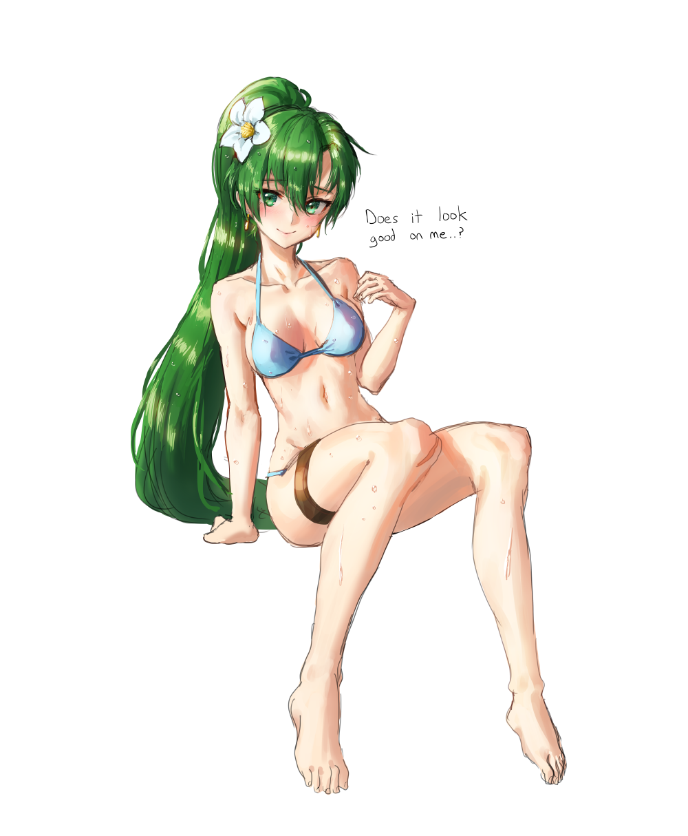 1girl athenawyrm barefoot bikini blush breasts cleavage collarbone earrings english fire_emblem fire_emblem:_rekka_no_ken fire_emblem_heroes flower green_eyes green_hair hair_between_eyes hair_flower hair_ornament highres invisible_chair jewelry long_hair looking_at_viewer lyndis_(fire_emblem) medium_breasts navel ponytail simple_background sitting sketch smile solo swimsuit thigh_strap wet white_background