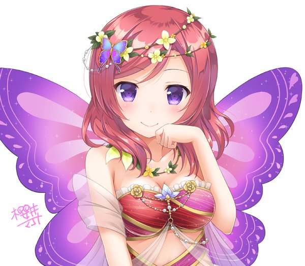 1girl bandeau blush butterfly_hair_ornament butterfly_wings clenched_hand collarbone eyebrows_visible_through_hair flower flower_necklace frilled_bandeau frills hair_ornament hand_up head_wreath jewelry looking_at_viewer love_live! love_live!_school_idol_project medium_hair necklace nishikino_maki red_bandeau sakurai_makoto_(custom_size) shawl signature simple_background smile solo upper_body violet_eyes white_background wings yellow_flower