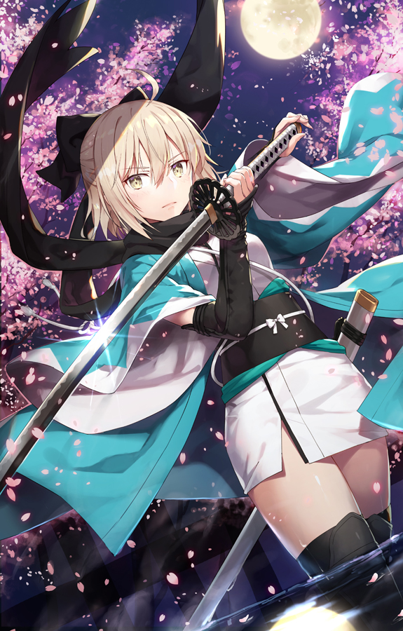 1girl ahoge arm_guards arm_up bangs black_bow black_footwear black_scarf blonde_hair boots bow cherry_blossoms closed_mouth commentary_request dutch_angle eyebrows_visible_through_hair fate_(series) full_moon gabiran glint hair_between_eyes hair_bow half_updo haori holding holding_sword holding_weapon japanese_clothes katana kimono koha-ace legs_together long_sleeves looking_at_viewer moon night night_sky obi okita_souji_(fate) okita_souji_(fate)_(all) outdoors sash scabbard scarf serious sheath shinsengumi shiny shiny_hair short_hair short_kimono sidelocks sky solo standing sword thigh-highs thigh_boots tree unsheathed v-shaped_eyebrows wading water weapon white_kimono wide_sleeves wind yellow_eyes