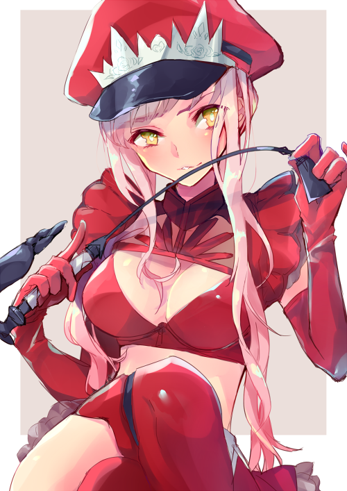 1girl alluring_chief_warden_look bangs blunt_bangs breasts elbow_gloves fate/grand_order fate_(series) gloves hat holding_whip ken_otogi long_hair looking_at_viewer medb_(fate/grand_order) medium_breasts military military_uniform navel peaked_cap pink_hair riding_crop smile solo uniform whip yellow_eyes