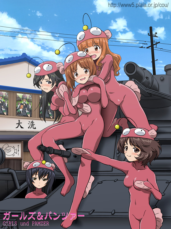 5girls akiyama_yukari anglerfish anglerfish_costume black_eyes black_hair blush breasts brown_eyes brown_hair clouds day embarrassed girls_und_panzer ground_vehicle house hug isuzu_hana long_hair military military_vehicle motor_vehicle multiple_girls nishizumi_miho nolia orange_eyes orange_hair panzerkampfwagen_iv reizei_mako short_hair sky smile takebe_saori tank