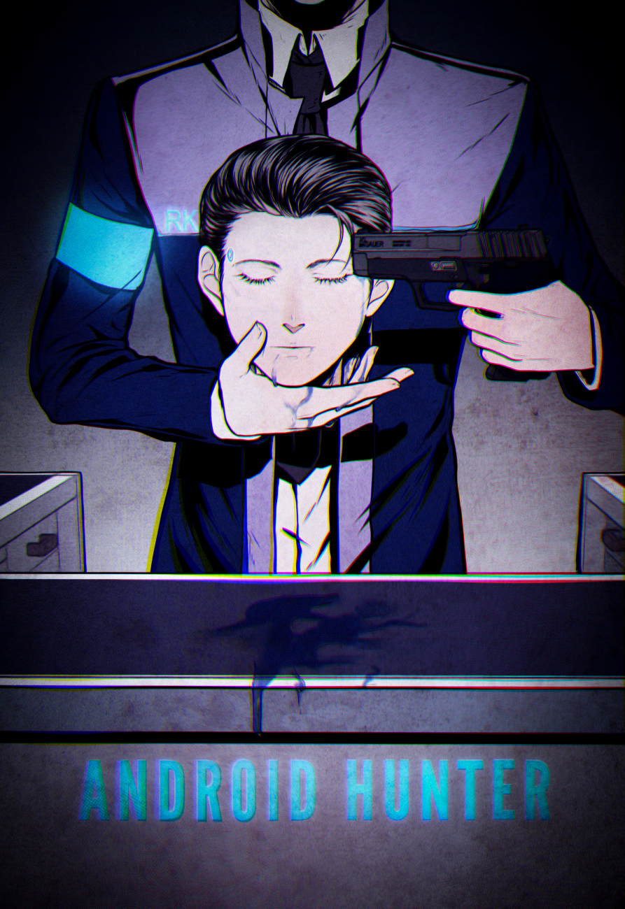 1boy android armband bai_rui black_hair blood blood_from_mouth blue blue_blood closed_eyes connor_(detroit) detroit:_become_human disembodied_head eyelashes gun_to_head highres male_focus necktie pool_of_blood solo