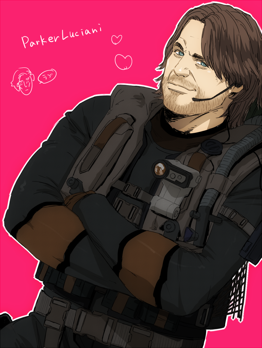 1boy beard blue_eyes bodysuit brown_hair character_name crossed_arms facial_hair gloves heart male_focus parker_luciani pink_background resident_evil resident_evil_revelations shitara_(kaimetsu_joutai) simple_background solo