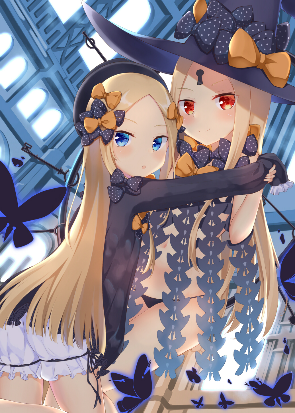 2girls :o abigail_williams_(fate/grand_order) aroma0501 bangs black_bow black_dress black_hat black_panties blonde_hair bloomers blue_eyes blush bow bug butterfly closed_mouth commentary_request dress dual_persona dutch_angle eyebrows_visible_through_hair fate/grand_order fate_(series) forehead hair_bow hand_holding hat hat_bow highres indoors insect key keyhole long_hair long_sleeves looking_at_viewer looking_back multiple_girls navel orange_bow panties parted_bangs parted_lips polka_dot polka_dot_bow red_eyes revealing_clothes sleeves_past_fingers sleeves_past_wrists smile underwear very_long_hair white_bloomers witch_hat