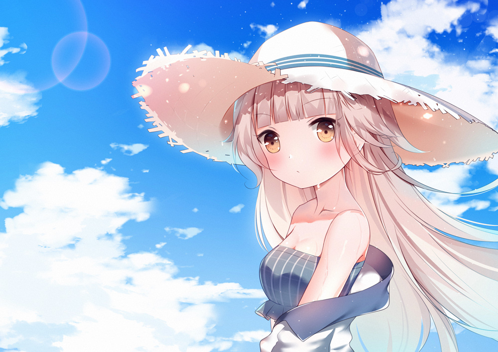 1girl azur_lane bangs bare_shoulders bikini blue_bikini blue_sky blunt_bangs blush breasts brown_eyes closed_mouth clouds cloudy_sky collarbone commentary_request day eyebrows_visible_through_hair hat jacket light_brown_hair linhe_de_chuangzi long_hair looking_at_viewer looking_to_the_side off_shoulder outdoors sky small_breasts solo straw_hat swimsuit very_long_hair white_hat white_jacket z46_(azur_lane)