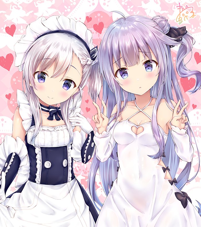 2girls :o ahoge azur_lane bangs bare_shoulders belchan_(azur_lane) belfast_(azur_lane) black_bow black_dress black_ribbon blush bow braid closed_mouth collarbone commentary_request criss-cross_halter detached_sleeves double_v dress elbow_gloves eyebrows_visible_through_hair gloves hair_between_eyes hair_bun hair_ribbon halterneck hand_up hands_up heart long_sleeves looking_at_viewer maid_headdress maruma_(maruma_gic) multiple_girls one_side_up parted_lips purple_hair ribbon side_bun signature silver_hair sleeves_past_wrists smile unicorn_(azur_lane) v violet_eyes white_dress white_gloves