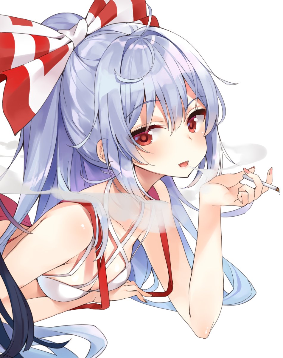 2girls bare_arms bare_shoulders black_hair blush bow breasts cigarette collarbone commentary_request criss-cross_halter eyebrows_visible_through_hair fujiwara_no_mokou hair_between_eyes hair_bow halterneck hand_up highres holding holding_cigarette houraisan_kaguya long_hair looking_at_viewer lying mirei multiple_girls nail_polish on_stomach open_mouth out_of_frame pants pink_nails ponytail red_eyes red_pants silver_hair simple_background small_breasts smile smoke smoking suspenders touhou upper_body white_background white_bikini_top white_bow