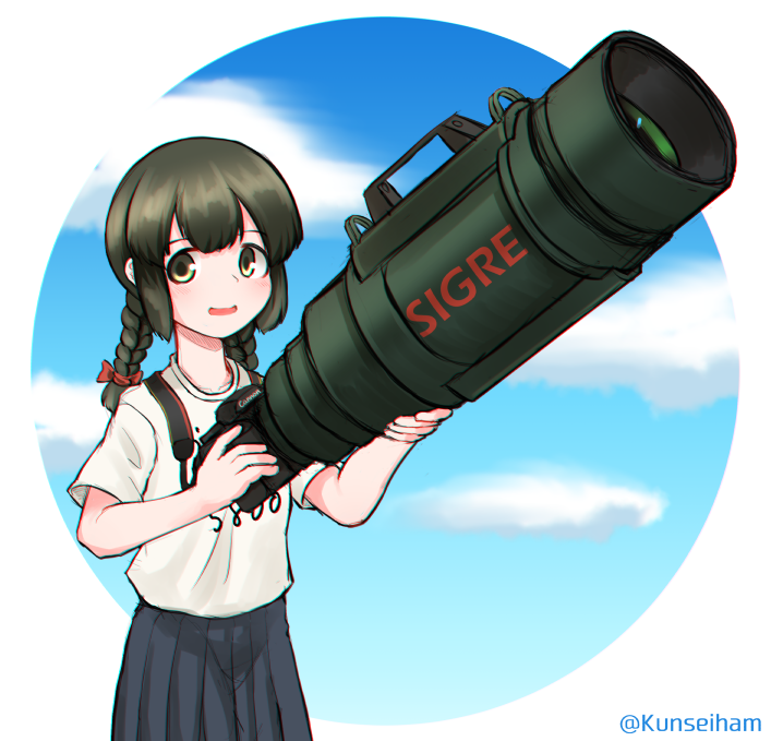 1girl black_eyes black_hair blue_skirt blue_sky braid camera casual clouds cowboy_shot hair_between_eyes isonami_(kantai_collection) kantai_collection kunsei_hamu looking_at_viewer open_mouth oversized_object pleated_skirt shirt sidelocks skirt sky solo t-shirt twin_braids zoom_lens