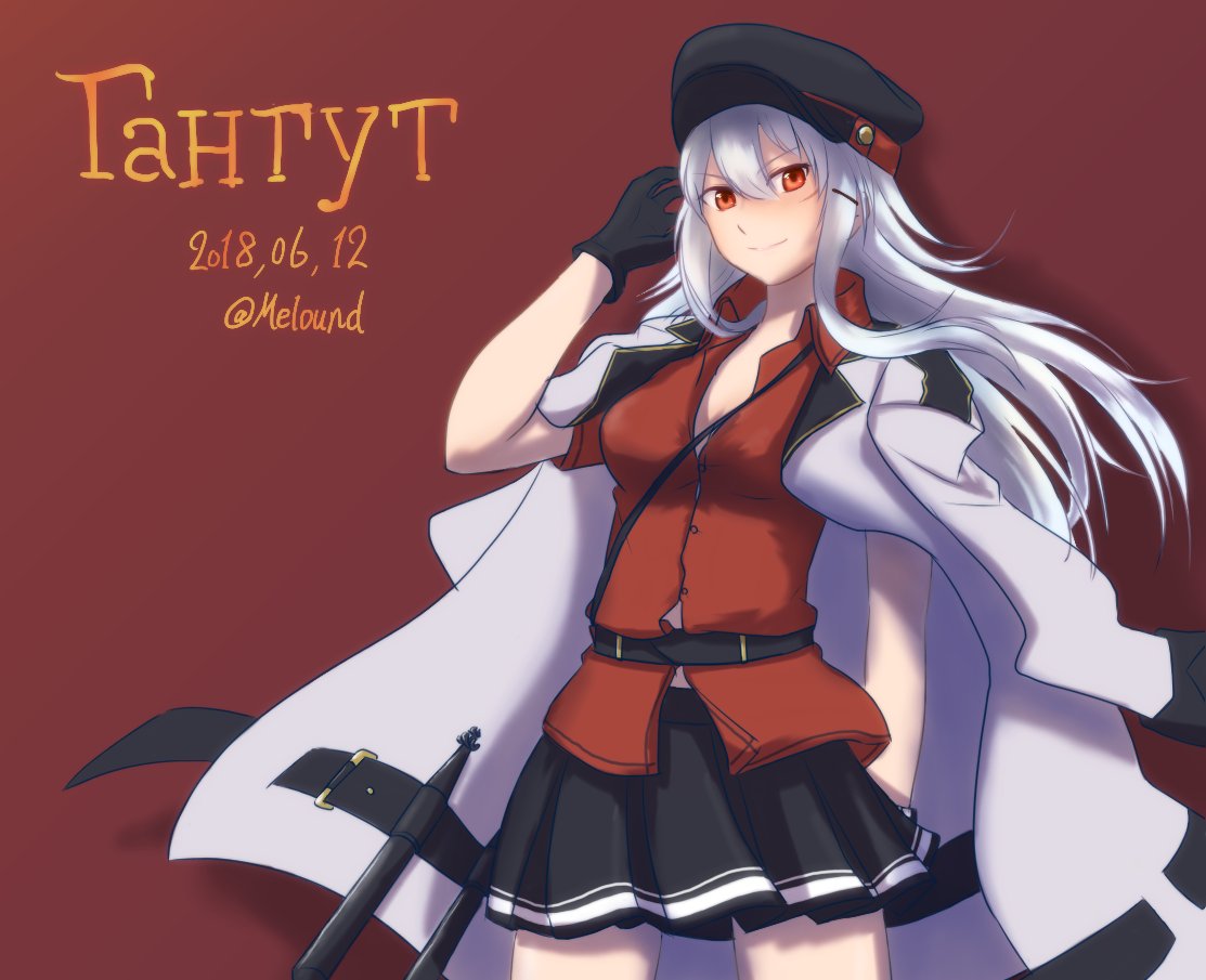 1girl belt black_skirt breasts cyrillic eyebrows_visible_through_hair facial_scar gangut_(kantai_collection) hair_between_eyes hat jacket kantai_collection long_hair long_sleeves looking_at_viewer medium_breasts melound military military_hat military_uniform miniskirt naval_uniform open_clothes red_background red_eyes red_shirt scar scar_on_cheek shirt silver_hair simple_background skirt smile torpedo uniform white_jacket