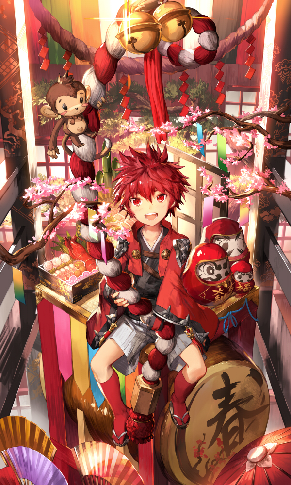 1boy bell cherry_blossoms daruma_doll drum elsword elsword_(character) fan holding instrument monkey obentou red_eyes redhead rope scorpion5050 shiny sitting traditional_clothes