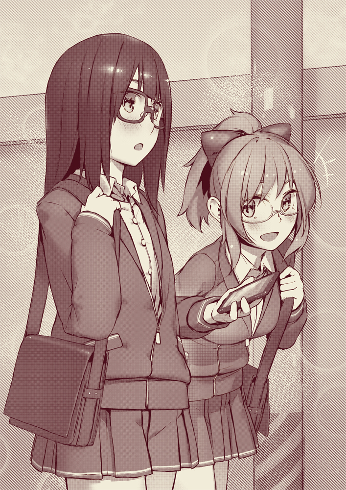 +++ 2girls :d :o bag bangs blush bow buttons cellphone collared_shirt commentary cowboy_shot dress_shirt glasses hair_bow holding holding_phone holding_strap jacket leaning_forward long_hair long_sleeves looking_at_another looking_to_the_side medium_skirt monochrome multiple_girls open_mouth original partially_unzipped phone pleated_skirt pocket ponytail rotix school_bag school_uniform shiny shiny_hair shirt short_hair sidelocks skirt smartphone smile standing straight_hair wing_collar zipper zipper_pull_tab