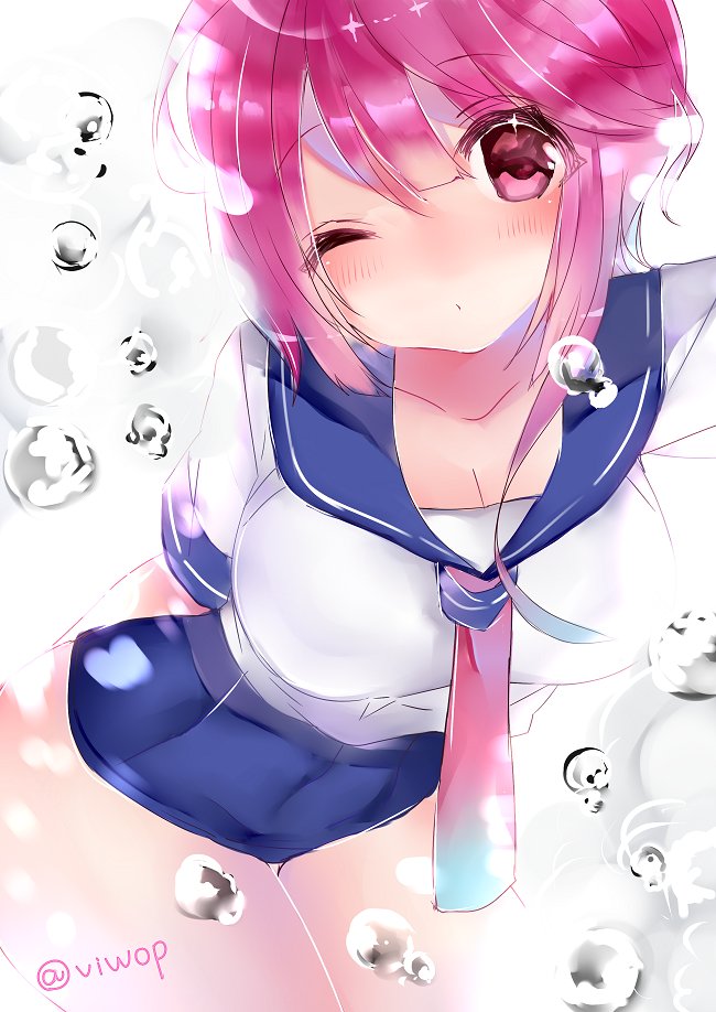 1girl blush breasts bubble closed_mouth eyebrows_visible_through_hair i-58_(kantai_collection) kantai_collection large_breasts long_hair looking_at_viewer one_eye_closed pink_eyes pink_hair school_swimsuit school_uniform simple_background solo swimsuit twitter_username underwater viwop white_background