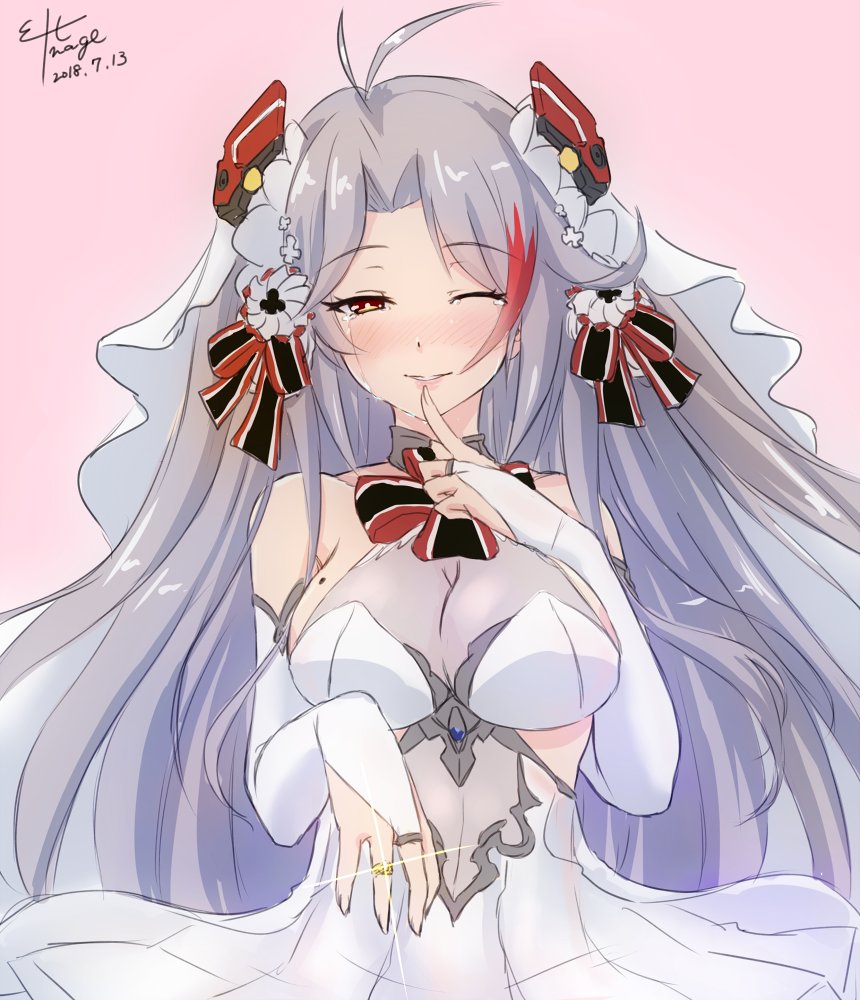 1girl alternate_costume antenna_hair azur_lane bangs bare_shoulders between_legs blush breasts bridal_gauntlets bridal_veil brown_eyes cleavage collarbone crying dated dress eltnage eyebrows_visible_through_hair finger_to_mouth flower gloves hair_between_eyes hair_ornament half-closed_eye half-closed_eyes happy_tears headgear heart iron_cross jewelry large_breasts long_hair looking_at_viewer mole mole_on_breast multicolored_hair nail_polish no_bra one_eye_closed parted_lips pink_background prinz_eugen_(azur_lane) redhead ring see-through signature silver_hair simple_background smile solo tears two_side_up veil very_long_hair wedding_dress wedding_ring white_dress white_flower white_gloves white_hair