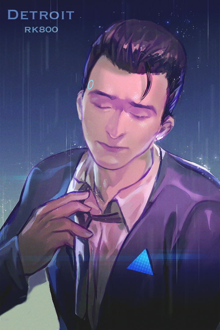 1boy adjusting_clothes adjusting_necktie black_hair character_name closed_eyes connor_(detroit) copyright_name detroit:_become_human expressionless hair_slicked_back jacket male_focus necktie pt. rain upper_body