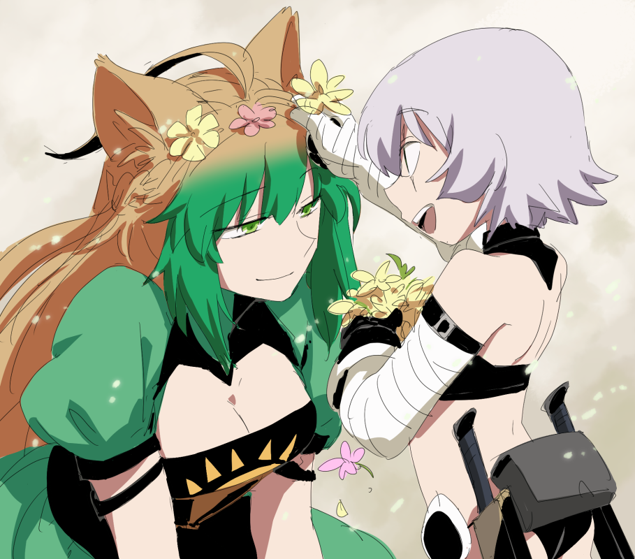 2girls :d ahoge animal_ears asaya_minoru atalanta_(fate) bandage bandaged_arm bandages bangs bare_shoulders black_gloves black_shirt breasts cat_ears cleavage closed_mouth dagger dress eye_contact eyebrows_visible_through_hair fate/apocrypha fate/grand_order fate_(series) flower gloves gradient_hair green_dress green_eyes green_hair hair_between_eyes hair_flower hair_ornament holding holding_flower jack_the_ripper_(fate/apocrypha) light_brown_hair long_hair looking_at_another medium_breasts multicolored_hair multiple_girls open_mouth pink_flower puffy_short_sleeves puffy_sleeves scar scar_across_eye sheath sheathed shirt short_hair short_sleeves sidelocks silver_hair single_glove sleeveless sleeveless_shirt smile very_long_hair weapon yellow_flower