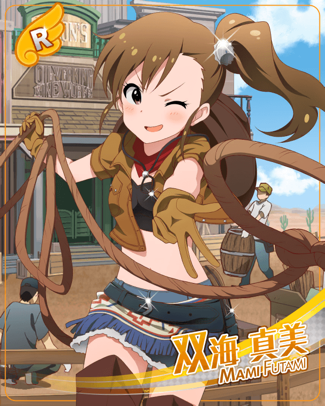 blush brown_hair cowboy dress futami_mami idolmaster idolmaster_million_live! idolmaster_million_live!_theater_days long_hair side_ponytail smile violet_eyes wink