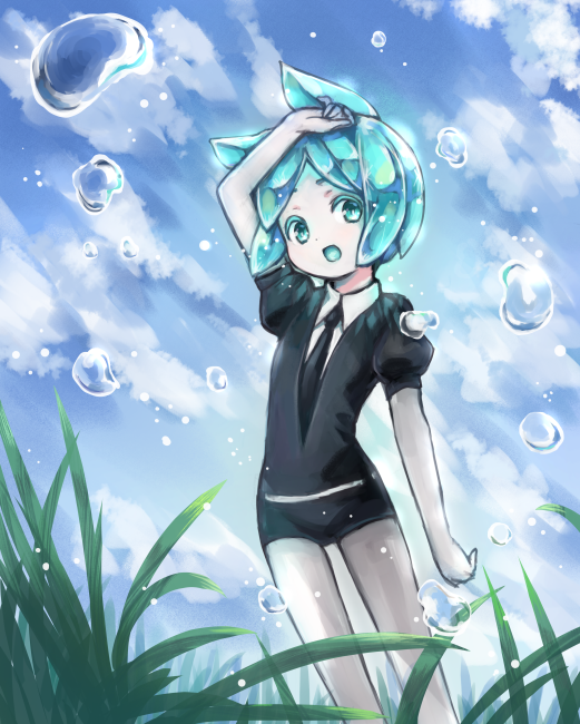 1other amimi androgynous aqua_eyes aqua_hair blue_eyes blue_hair blue_sky clouds colored_eyelashes gem_uniform_(houseki_no_kuni) grass houseki_no_kuni looking_at_viewer necktie open_mouth outdoors phosphophyllite short_hair sky smile solo water_drop