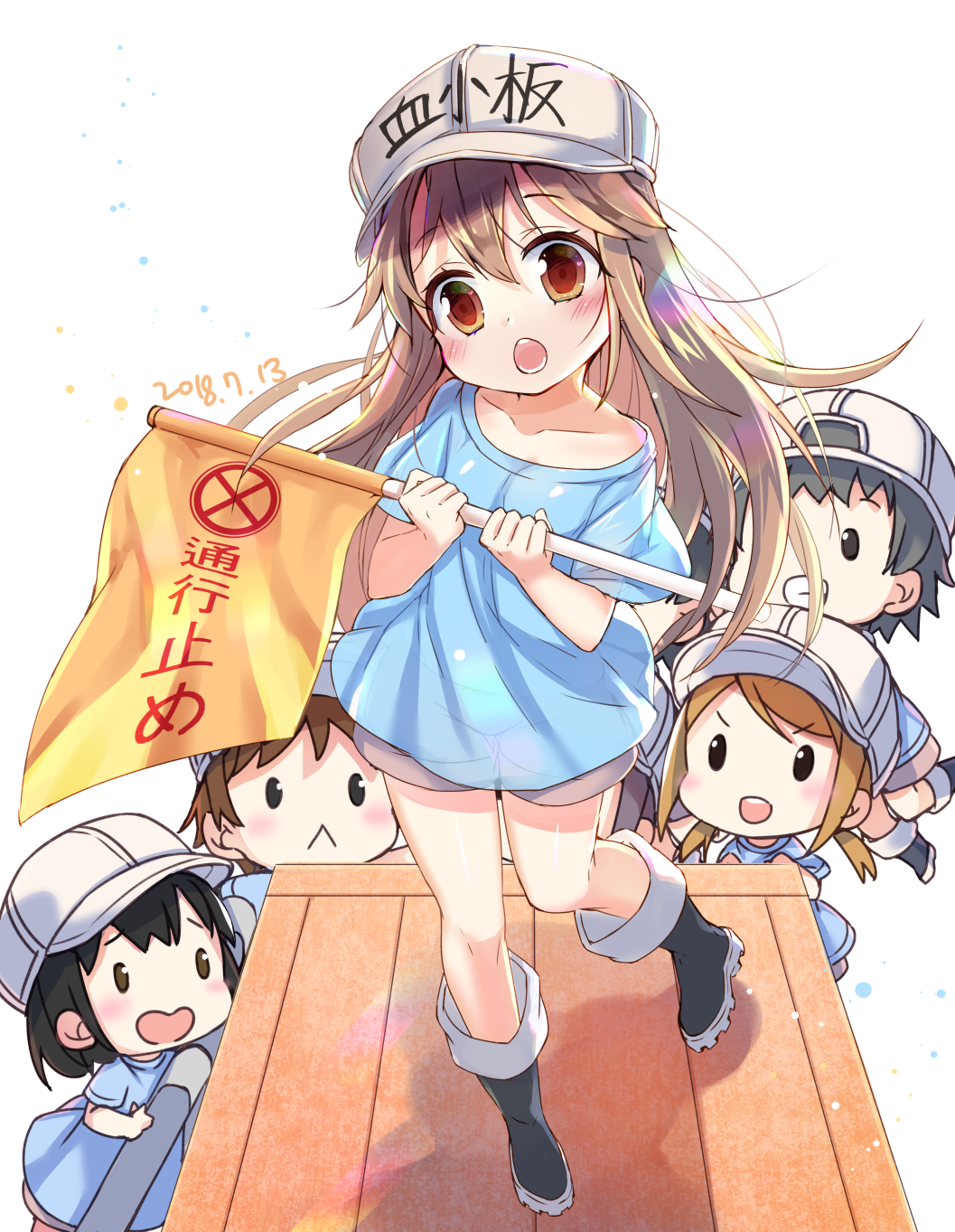 2boys 3boys :&lt; :d bangs black_footwear black_hair blue_shirt blush boots brown_eyes closed_mouth collarbone commentary_request crate dated eyebrows_visible_through_hair flag flat_cap grey_shorts grin hair_between_eyes hands_up hat hataraku_saibou head_tilt highres holding holding_flag jin_young-in light_brown_hair long_hair looking_at_viewer low_twintails multiple_boys open_mouth platelet_(hataraku_saibou) round_teeth see-through shirt short_shorts short_sleeves shorts smile standing standing_on_one_leg teeth translated twintails upper_teeth very_long_hair white_background white_hat