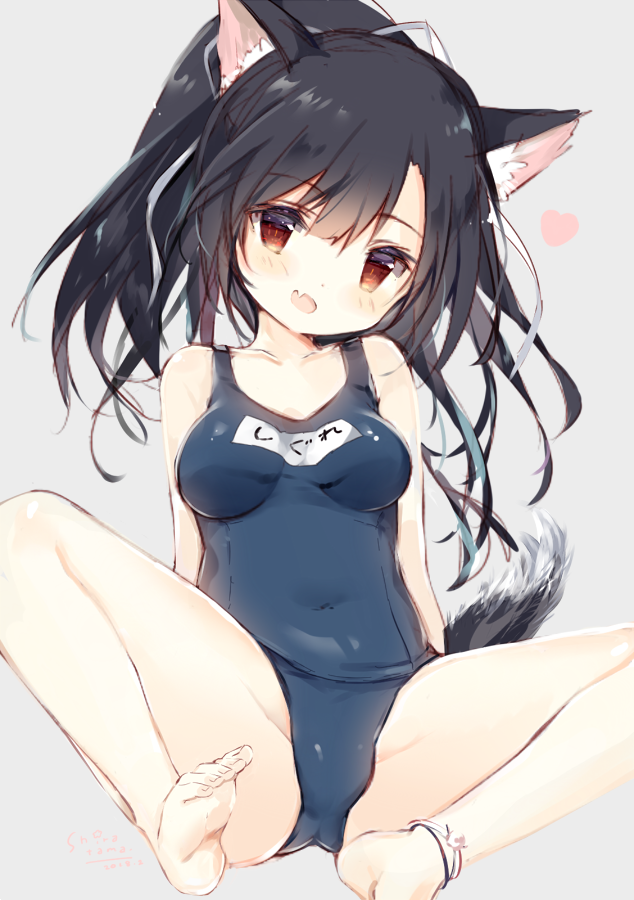 1girl animal_ears azur_lane barefoot black_hair breasts commentary_request covered_navel dog_ears dog_tail feet legs long_hair one-piece_swimsuit open_mouth ponytail red_eyes school_swimsuit shigure_(azur_lane) shiratama_(shiratamaco) sitting sketch smile solo spread_legs swimsuit tail