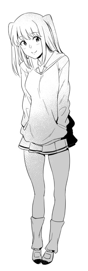 1girl blush hand_in_pocket hood hoodie long_hair loose_socks monochrome nemoto_hina origuchi_mizu simple_background smile standing two_side_up watashi_ga_motenai_no_wa_dou_kangaetemo_omaera_ga_warui!