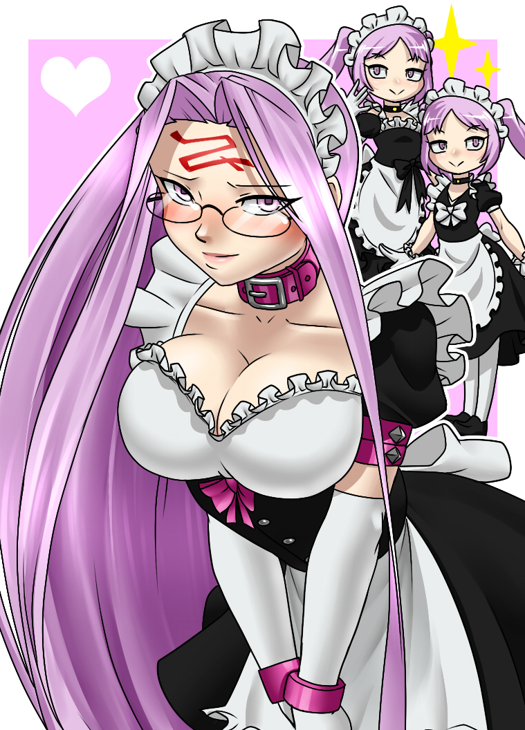 3girls alternate_costume apron bespectacled breasts chibi chibi_inset choker cleavage collar elbow_gloves enmaided euryale fate/hollow_ataraxia fate/stay_night fate_(series) glasses gloves large_breasts lavender_eyes lavender_hair long_hair looking_at_viewer maid maid_headdress multiple_girls pink_collar rider siblings sisters solo_focus stheno symbol-shaped_pupils twins v_arms very_long_hair vixagri waist_apron white_gloves