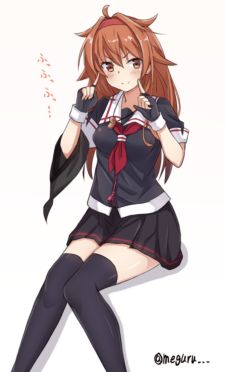 1girl ahoge asymmetrical_clothes bangs black_gloves black_legwear black_serafuku breasts brown_eyes brown_hair closed_mouth collarbone eyebrows_visible_through_hair gloves hair_flaps hairband highres index_finger_raised kantai_collection long_hair medium_breasts meguru_(megurunn) neckerchief partly_fingerless_gloves red_hairband red_neckwear remodel_(kantai_collection) sailor_collar school_uniform serafuku shiratsuyu_(kantai_collection) short_sleeves sidelocks sitting skirt smile solo thigh-highs thighs whistle