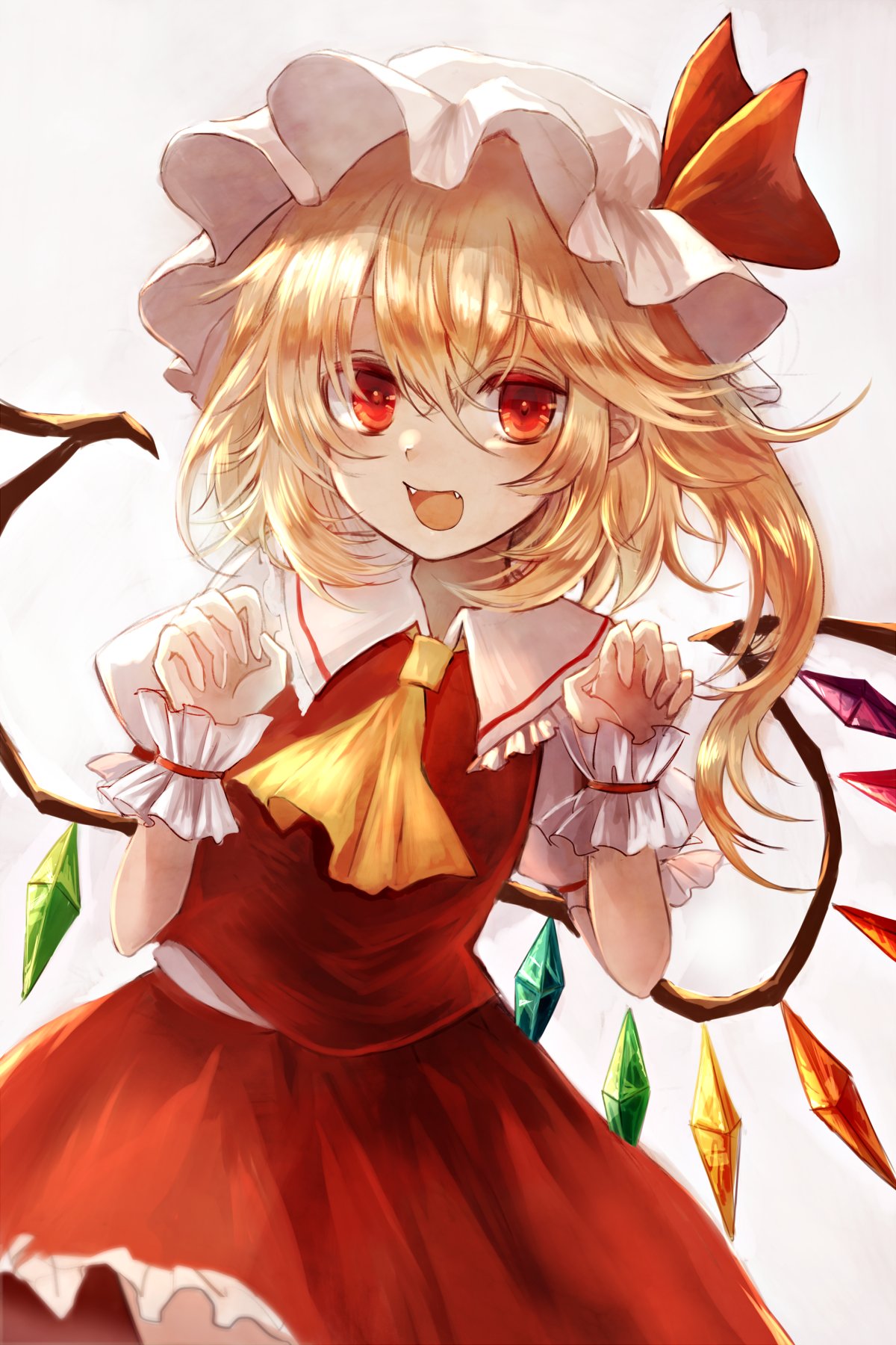 1girl :d ascot beige_background blonde_hair blush claw_pose commentary_request cowboy_shot crystal eyebrows_visible_through_hair fangs flandre_scarlet frilled_shirt_collar frills hair_between_eyes hands_up hat hat_ribbon highres looking_at_viewer maho_moco mob_cap one_side_up open_mouth petticoat puffy_short_sleeves puffy_sleeves red_eyes red_ribbon red_skirt red_vest ribbon short_hair short_sleeves simple_background skirt smile solo touhou vest white_hat wings wrist_cuffs yellow_neckwear