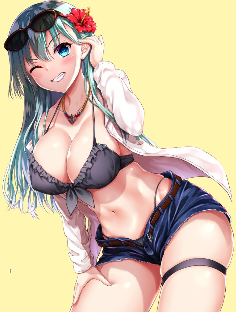 1girl akizuki_akina alternate_eye_color aqua_hair bikini black_bikini blue_eyes blue_shorts breasts brown_belt cleavage collarbone denim denim_shorts eyewear_on_head flower grey_bikini grin hair_flower hair_ornament hand_on_own_thigh jewelry kantai_collection large_breasts leaning_forward long_hair long_sleeves looking_at_viewer navel necklace one_eye_closed open_clothes open_fly open_shirt shirt short_shorts shorts simple_background skindentation smile solo sunglasses suzuya_(kantai_collection) swimsuit thigh_strap thong upper_body white_shirt yellow_background