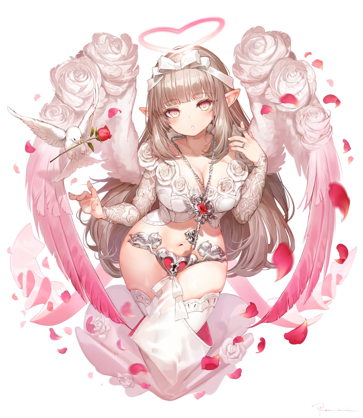 1girl :o angel angel_wings bangs bird blunt_bangs blush bow breasts brown_hair chains chastity_belt cleavage collarbone crop_top dove eyebrows_visible_through_hair falling_petals feathered_wings fingernails floral_print flower gradient_eyes gradient_wings hair_bow hair_twirling hakura_kusa halo hand_up head_tilt heart heart-shaped_pupils highres jewelry key key_necklace keyhole large_breasts long_hair long_sleeves looking_at_viewer motion_blur multicolored multicolored_eyes multicolored_wings navel necklace original petals pink_eyes pink_wings pointy_ears red_flower red_rose ring rose rose_petals rose_print shiny shiny_hair shirt sidelocks stomach symbol-shaped_pupils thigh-highs very_long_hair white_bow white_flower white_legwear white_rose white_shirt white_wings wings yellow_eyes