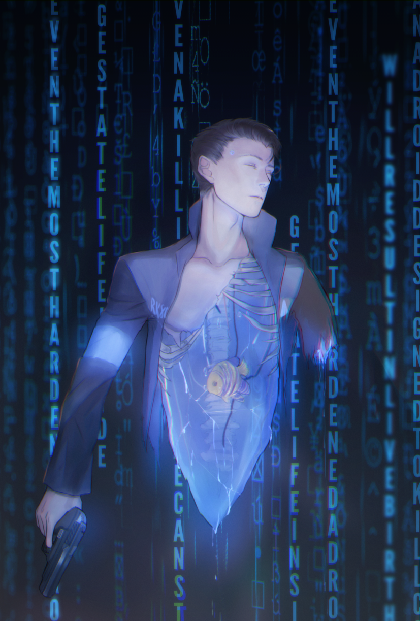 1boy amputee android armband bai_rui black_hair blue closed_eyes code connor_(detroit) crystal detroit:_become_human fish glowing gun highres holding holding_gun holding_weapon male_focus mechanical_parts no_legs ribs solo spine weapon