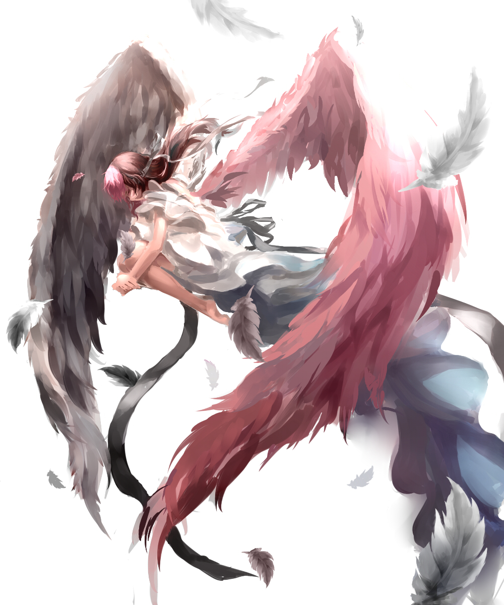 1girl angel_wings black_wings brown_hair closed_eyes dress feathered_wings feathers fetal_position highres multicolored multicolored_hair multicolored_wings neo_(rwby) pink_hair pink_wings rwby solo tl white_dress wings