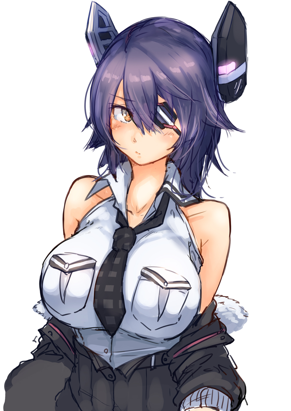 1girl bare_shoulders blush breasts closed_mouth eyebrows_visible_through_hair eyepatch hair_between_eyes highres impossible_clothes kantai_collection large_breasts looking_at_viewer medium_hair necktie purple_hair shiragiku1991 shirt simple_background sleeveless solo tenryuu_(kantai_collection) white_background white_shirt yellow_eyes