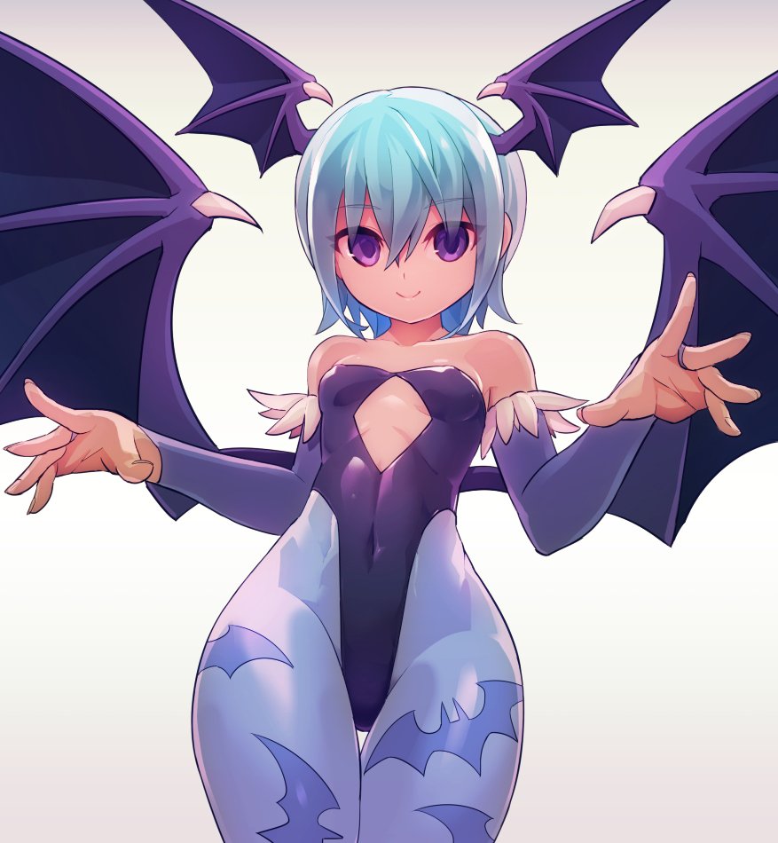 1girl alternate_color alternate_eye_color alternate_hair_color animal_print bangs bare_shoulders bat_print bat_wings black_leotard blue_hair blue_legwear breasts chingisu collarbone covered_navel cowboy_shot demon_wings detached_sleeves eyebrows_visible_through_hair hair_between_eyes head_wings highleg highleg_leotard leotard lilith_aensland long_sleeves looking_at_viewer pantyhose print_legwear short_hair simple_background small_breasts smile solo thigh_gap vampire_(game) violet_eyes wings