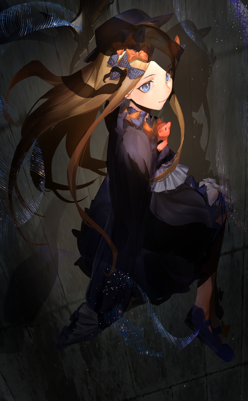 1girl abigail_williams_(fate/grand_order) bangs black_bow black_dress black_footwear black_hat blonde_hair bloomers blue_eyes bow bug butterfly closed_mouth dress fate/grand_order fate_(series) forehead hair_bow hat highres insect long_hair long_sleeves looking_at_viewer looking_back nuda object_hug orange_bow parted_bangs pixiv_fate/grand_order_contest_2 polka_dot polka_dot_bow shoes sleeves_past_fingers sleeves_past_wrists smile solo stuffed_animal stuffed_toy teddy_bear underwear very_long_hair white_bloomers